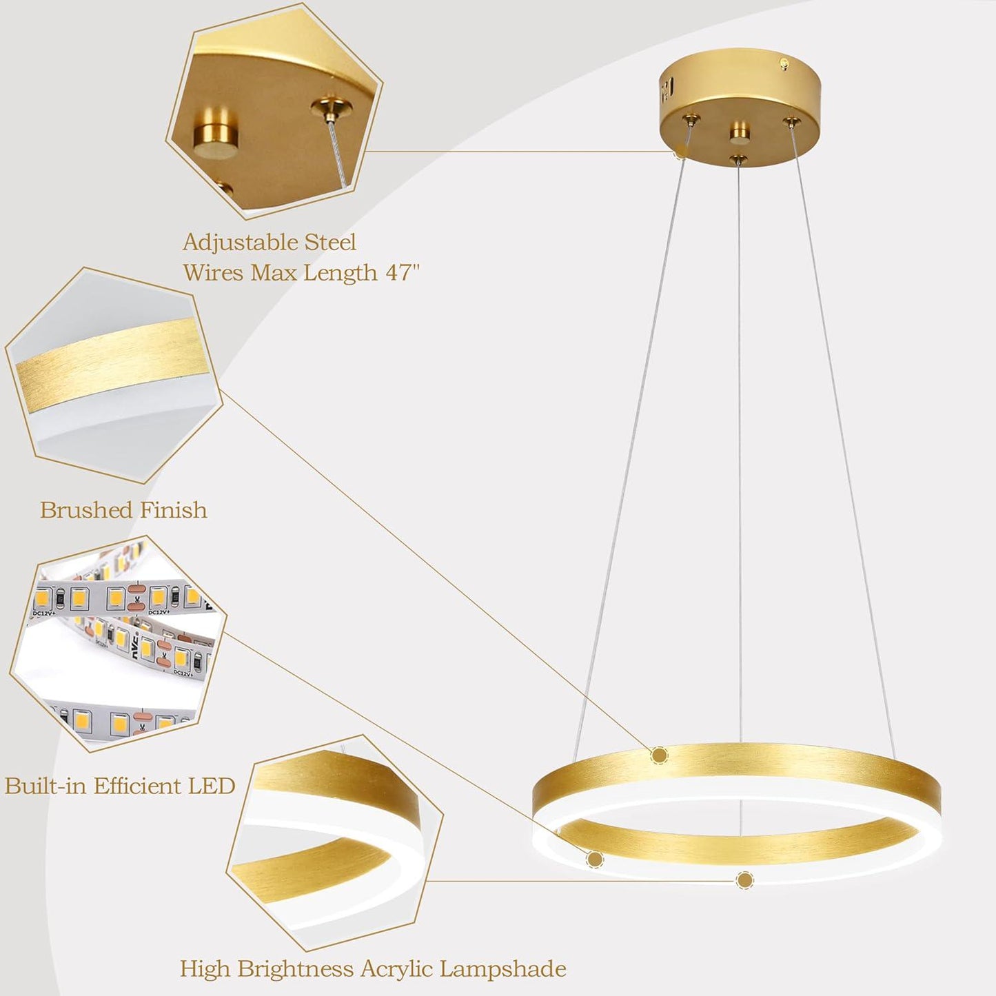 1 Ring Gold Led Chandelier - Adjustable Ring Light Modern Pendant Light For Kitchen Island, Living Room, Entryway