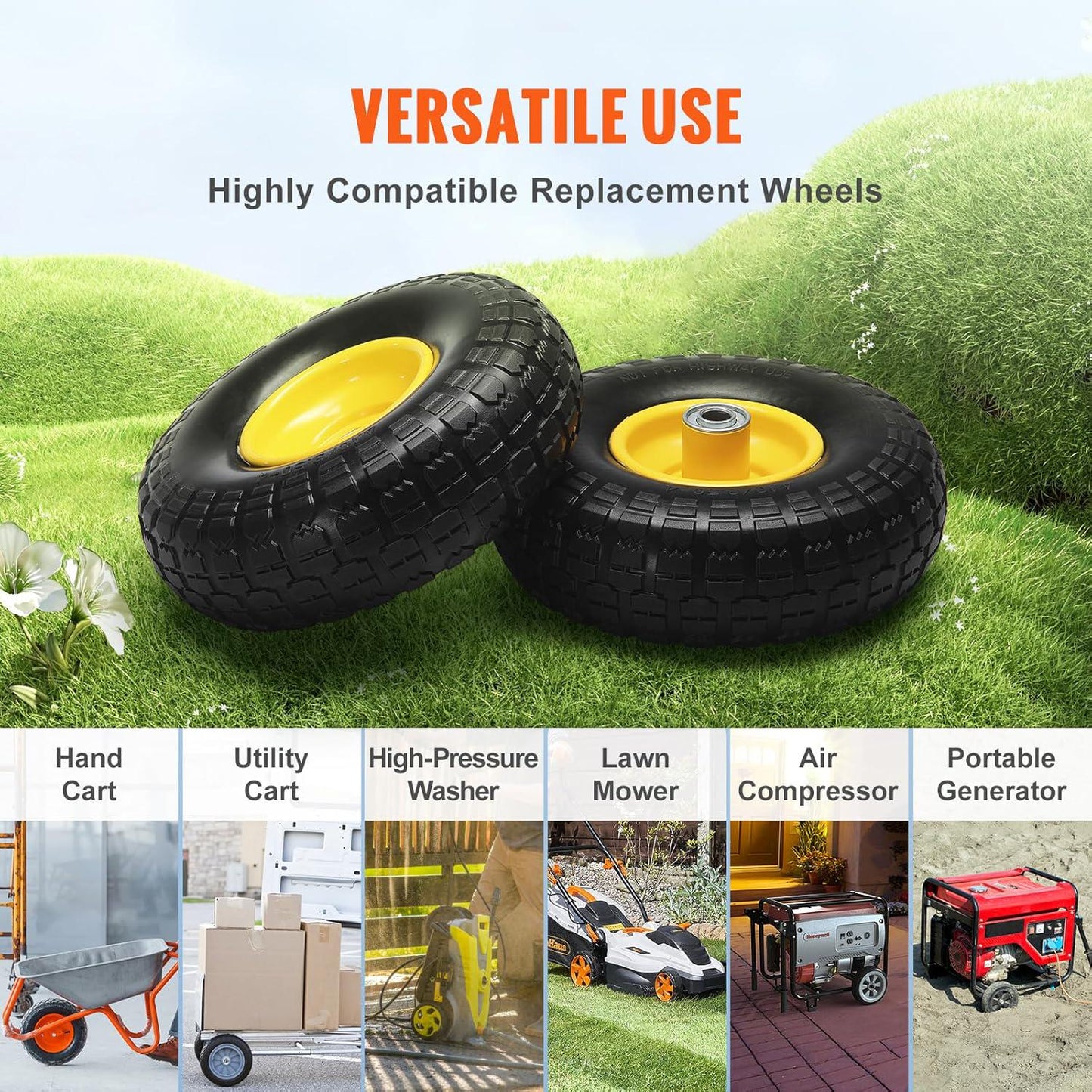 (2-Pack) VEVOR 10-Inch Solid Rubber Tires And Wheels, 4.10/3.50-4 Flat Free Tubeless Tires And Wheels With 5/8 Axle Bore Hole, Offset Hub, Perfect For Hand Truck, Utility Cart, Dolly, Garden Trailer