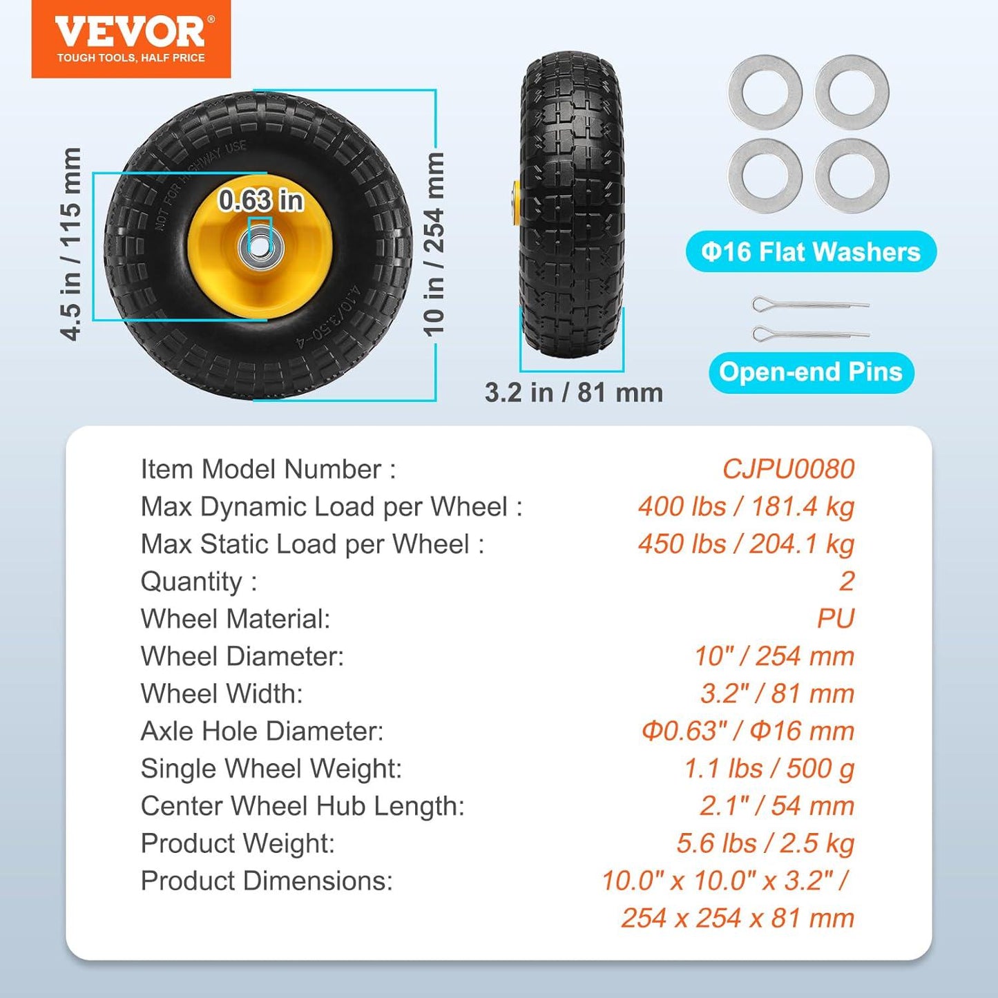 (2-Pack) VEVOR 10-Inch Solid Rubber Tires And Wheels, 4.10/3.50-4 Flat Free Tubeless Tires And Wheels With 5/8 Axle Bore Hole, Offset Hub, Perfect For Hand Truck, Utility Cart, Dolly, Garden Trailer