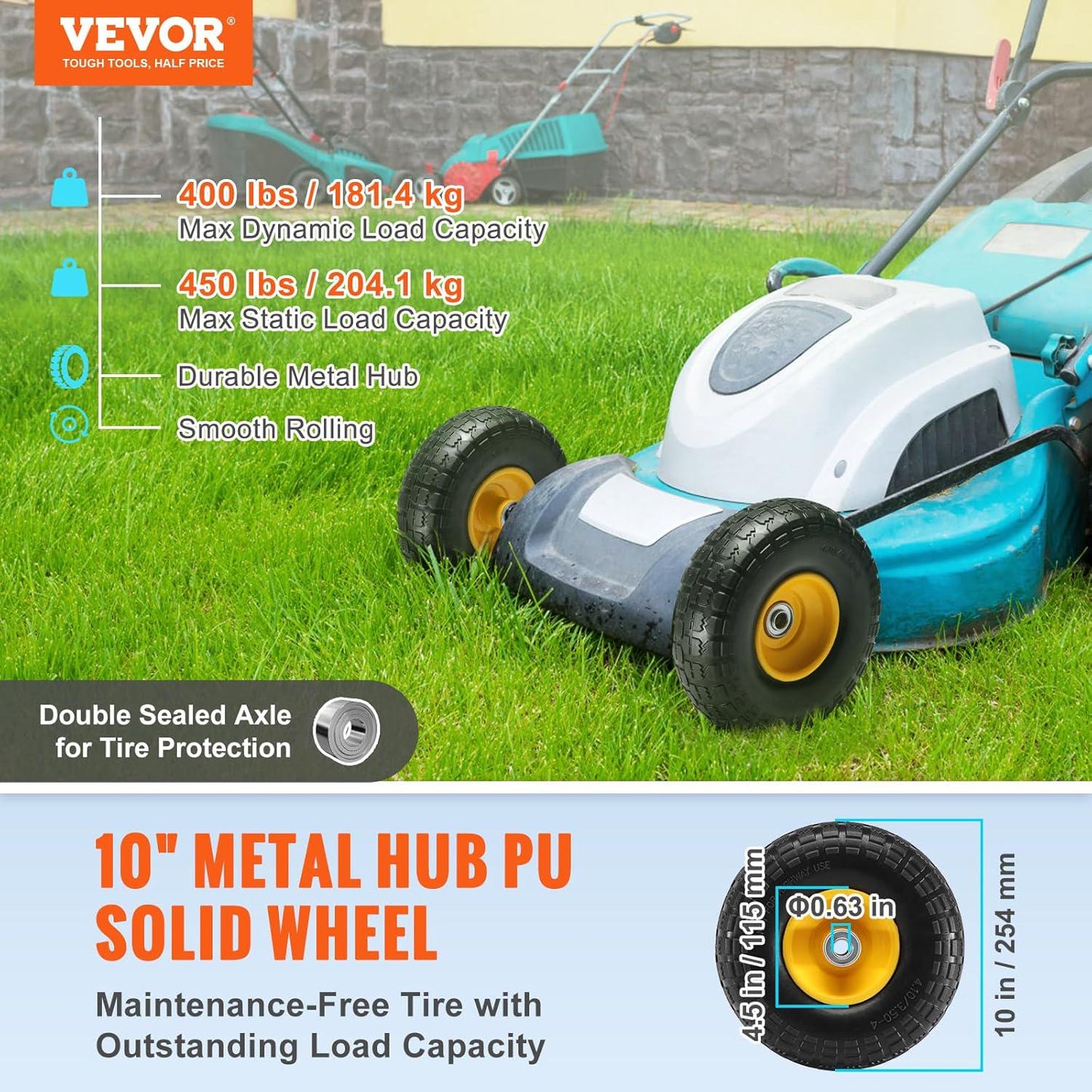 (2-Pack) VEVOR 10-Inch Solid Rubber Tires And Wheels, 4.10/3.50-4 Flat Free Tubeless Tires And Wheels With 5/8 Axle Bore Hole, Offset Hub, Perfect For Hand Truck, Utility Cart, Dolly, Garden Trailer