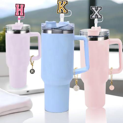 (3+3)3PCS Straw Cover Cap For Stanley Cup 30&40 Oz 10mm Straw Topper With 3PCS Initial Letter Charms Stanley Cup Accessories Personalized Name ID Handle Charm For Stanley Tumbler Simple Modern (J)