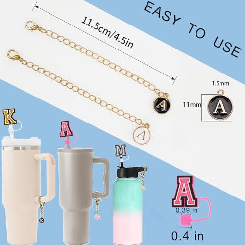 (3+3)3PCS Straw Cover Cap For Stanley Cup 30&40 Oz 10mm Straw Topper With 3PCS Initial Letter Charms Stanley Cup Accessories Personalized Name ID Handle Charm For Stanley Tumbler Simple Modern (J)
