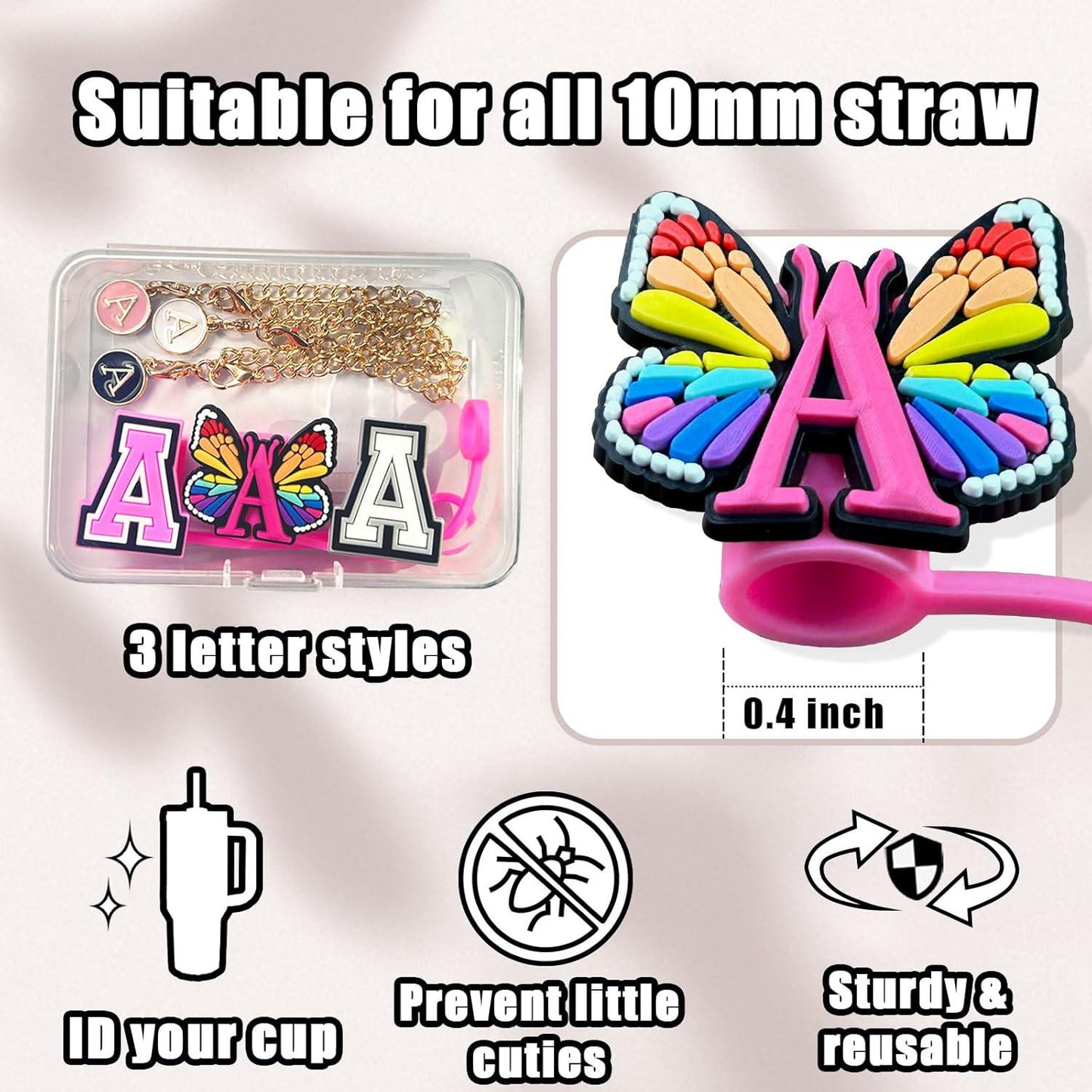(3+3) 3PCS Straw Cover Cap For Stanley Cup 30&40 Oz Tumbler, Stanley Straw Topper Letter Straw Cover With 3PCS Letter Charm Chains Stanley Cup Accessories (Letter A)