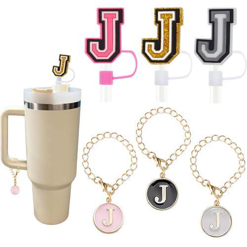 (3+3)3PCS Straw Cover Cap For Stanley Cup 30&40 Oz 10mm Straw Topper With 3PCS Initial Letter Charms Stanley Cup Accessories Personalized Name ID Handle Charm For Stanley Tumbler Simple Modern (J)