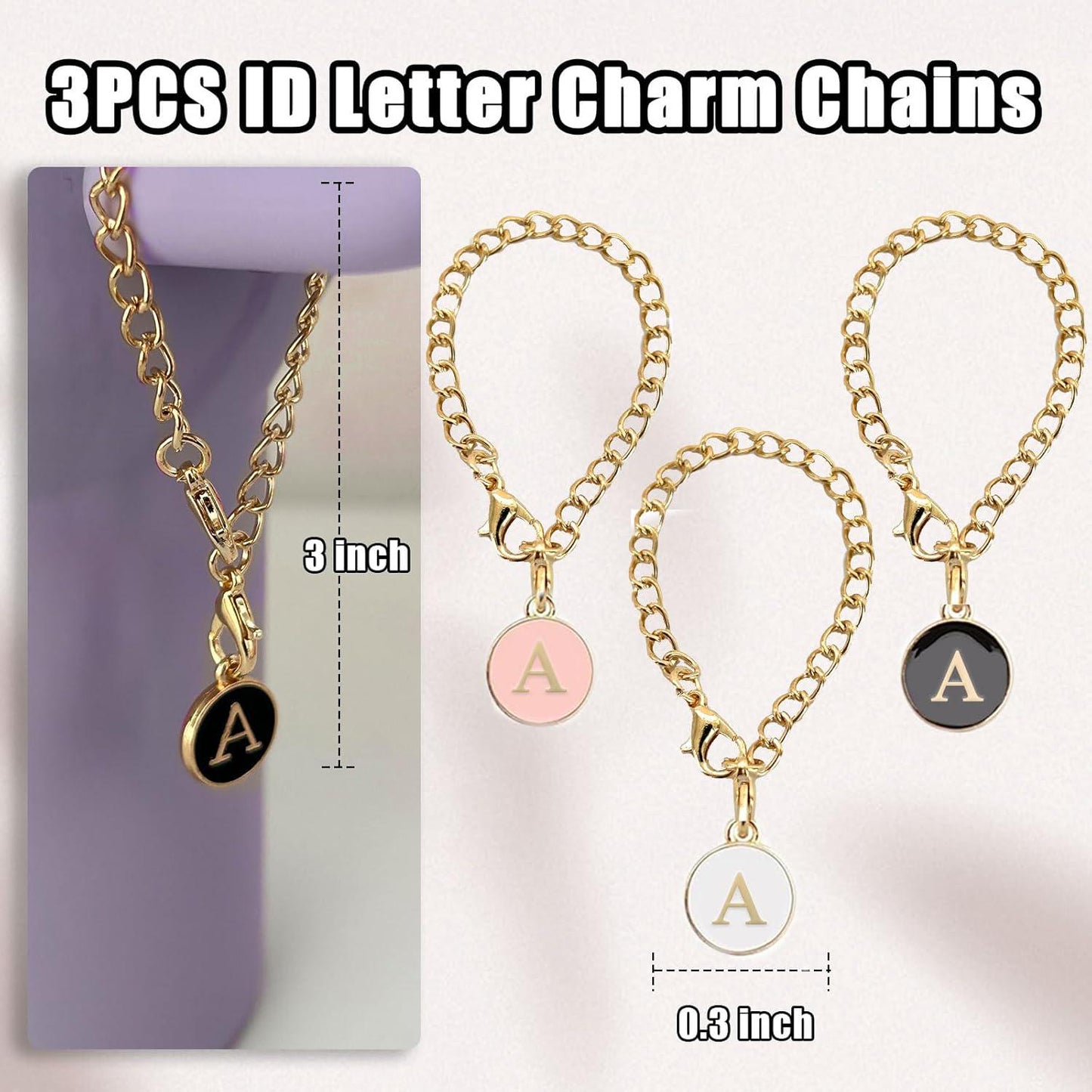 (3+3) 3PCS Straw Cover Cap For Stanley Cup 30&40 Oz Tumbler, Stanley Straw Topper Letter Straw Cover With 3PCS Letter Charm Chains Stanley Cup Accessories (Letter A)