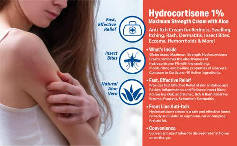 (3 Pack) Globe Hydrocortisone Maximum Strength Cream 1% W/Aloe, Anti-Itch Cream For Redness, Swelling, Itching, Rash, Bug/Mosquito Bites, Eczema, Hemorrhoids And More