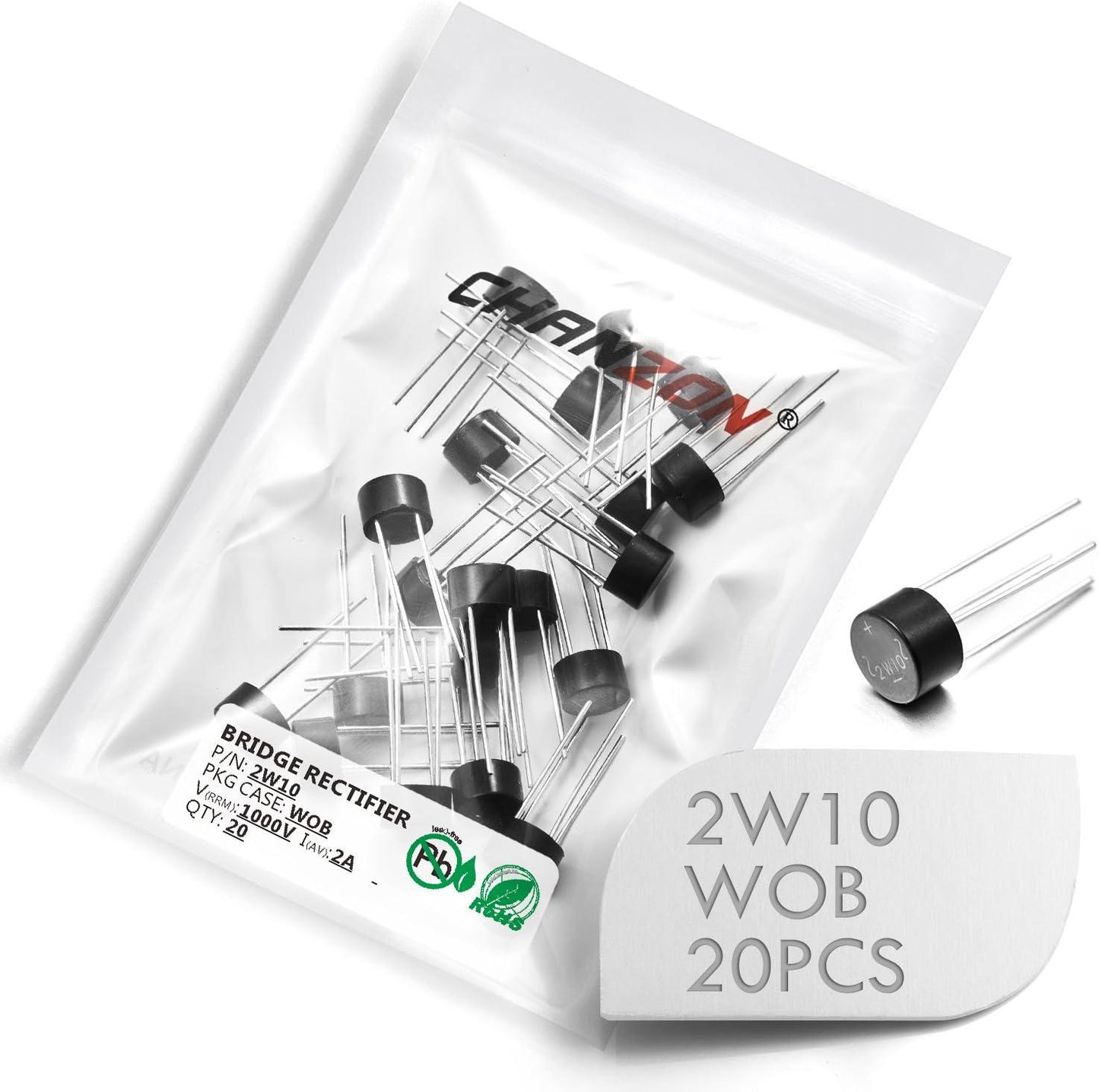 (Pack Of 20 Pieces) Chanzon 2W10 Bridge Rectifier Diode 2A 1000V WOB Single Phase, Full Wave 2 Amp 1000 Volt Electronic Silicon Diodes