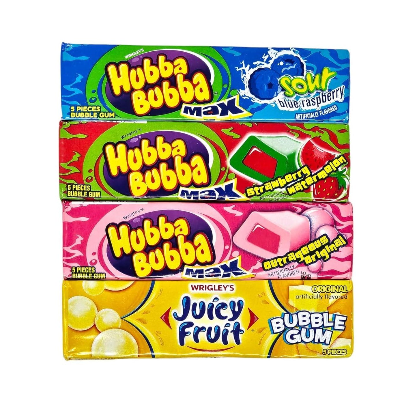 (Variety 4 Packs) Hubba Bubba Gum, Sour Blue Raspberry Max Bubble Gum, Strawberry Watermelon Max Bubble Gum, Outrageous Original Max Bubble Gum, Juicy Fruit Bubble Gum (5 Pieces Each, Total: 20 Pieces)