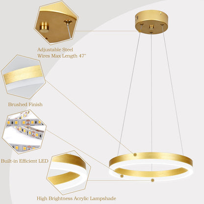 1 Ring Gold Led Chandelier - Adjustable Ring Light Modern Pendant Light For Kitchen Island, Living Room, Entryway
