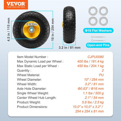 (2-Pack) VEVOR 10-Inch Solid Rubber Tires And Wheels, 4.10/3.50-4 Flat Free Tubeless Tires And Wheels With 5/8 Axle Bore Hole, Offset Hub, Perfect For Hand Truck, Utility Cart, Dolly, Garden Trailer