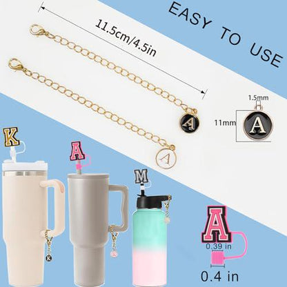 (3+3)3PCS Straw Cover Cap For Stanley Cup 30&40 Oz 10mm Straw Topper With 3PCS Initial Letter Charms Stanley Cup Accessories Personalized Name ID Handle Charm For Stanley Tumbler Simple Modern (J)