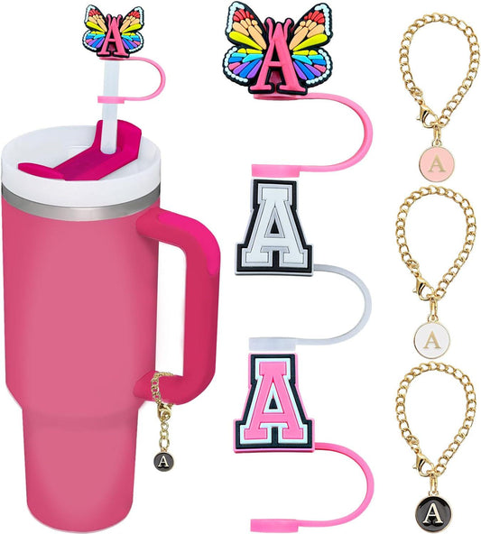 (3+3) 3PCS Straw Cover Cap For Stanley Cup 30&40 Oz Tumbler, Stanley Straw Topper Letter Straw Cover With 3PCS Letter Charm Chains Stanley Cup Accessories (Letter A)