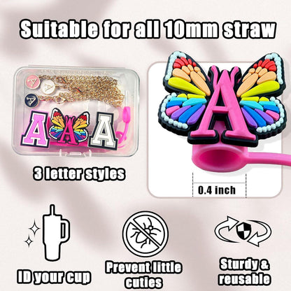 (3+3) 3PCS Straw Cover Cap For Stanley Cup 30&40 Oz Tumbler, Stanley Straw Topper Letter Straw Cover With 3PCS Letter Charm Chains Stanley Cup Accessories (Letter A)