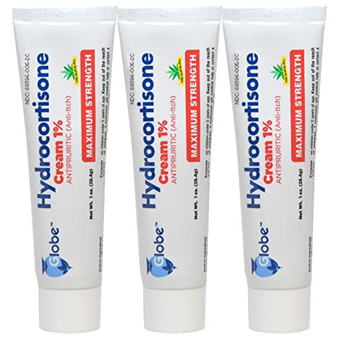 (3 Pack) Globe Hydrocortisone Maximum Strength Cream 1% W/Aloe, Anti-Itch Cream For Redness, Swelling, Itching, Rash, Bug/Mosquito Bites, Eczema, Hemorrhoids And More