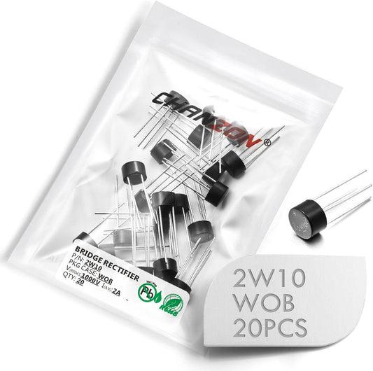 (Pack Of 20 Pieces) Chanzon 2W10 Bridge Rectifier Diode 2A 1000V WOB Single Phase, Full Wave 2 Amp 1000 Volt Electronic Silicon Diodes