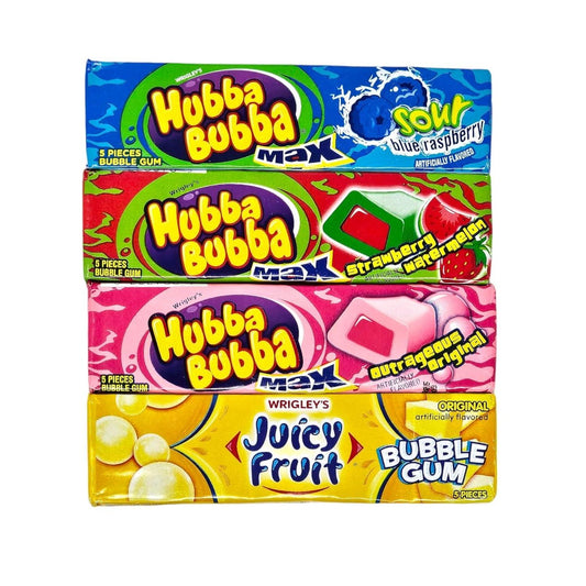 (Variety 4 Packs) Hubba Bubba Gum, Sour Blue Raspberry Max Bubble Gum, Strawberry Watermelon Max Bubble Gum, Outrageous Original Max Bubble Gum, Juicy Fruit Bubble Gum (5 Pieces Each, Total: 20 Pieces)
